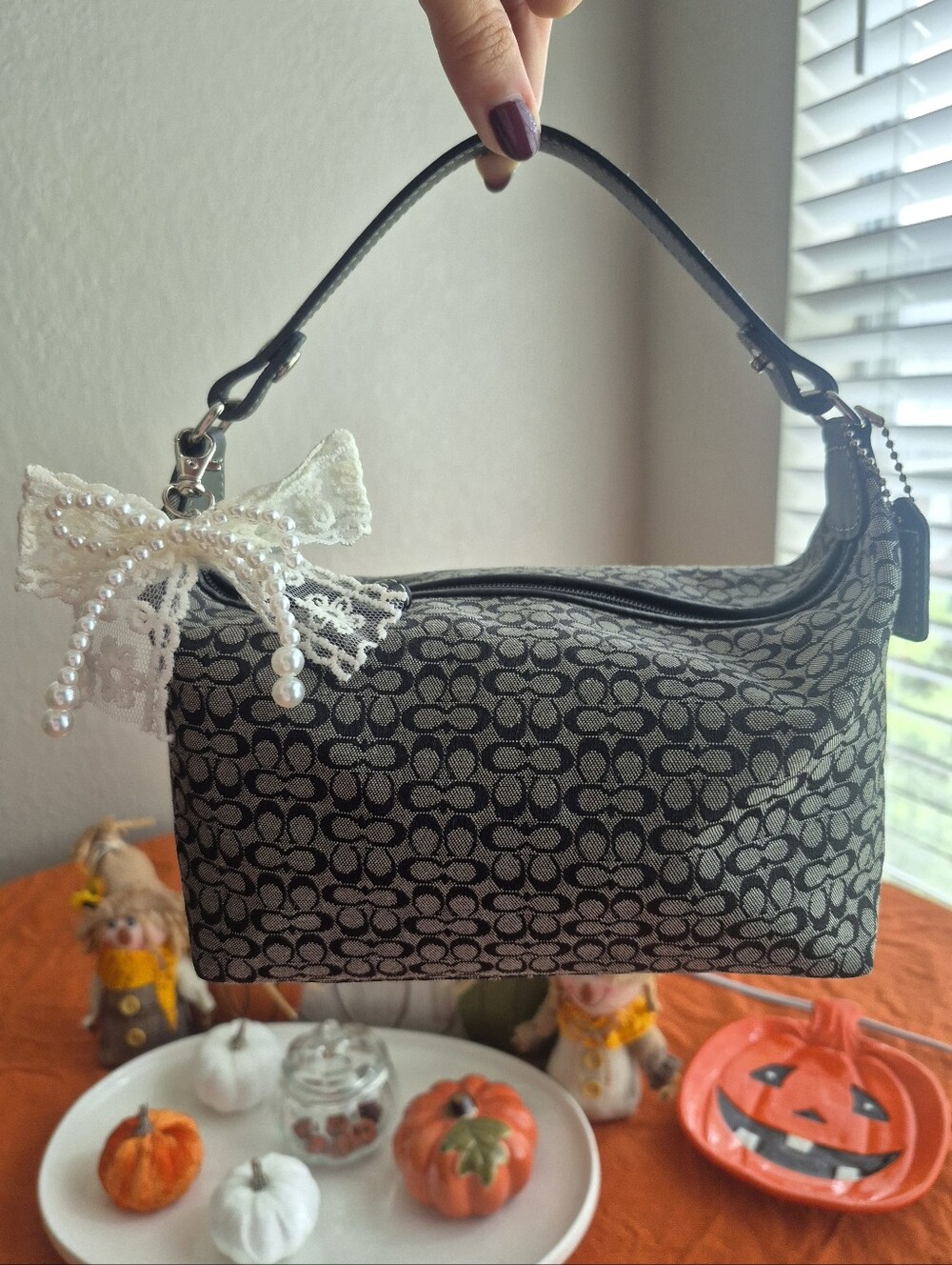 EUC Coach Signature Jacquard Black And Gray Hobo Handbag